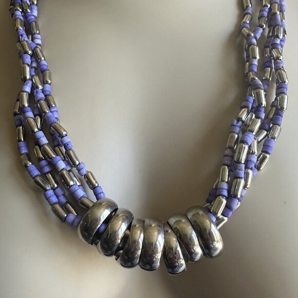 VTG Statement Necklace Beaded Multi Strand Purple Silver Hoop Detail Retro 25" - Picture 4 of 8